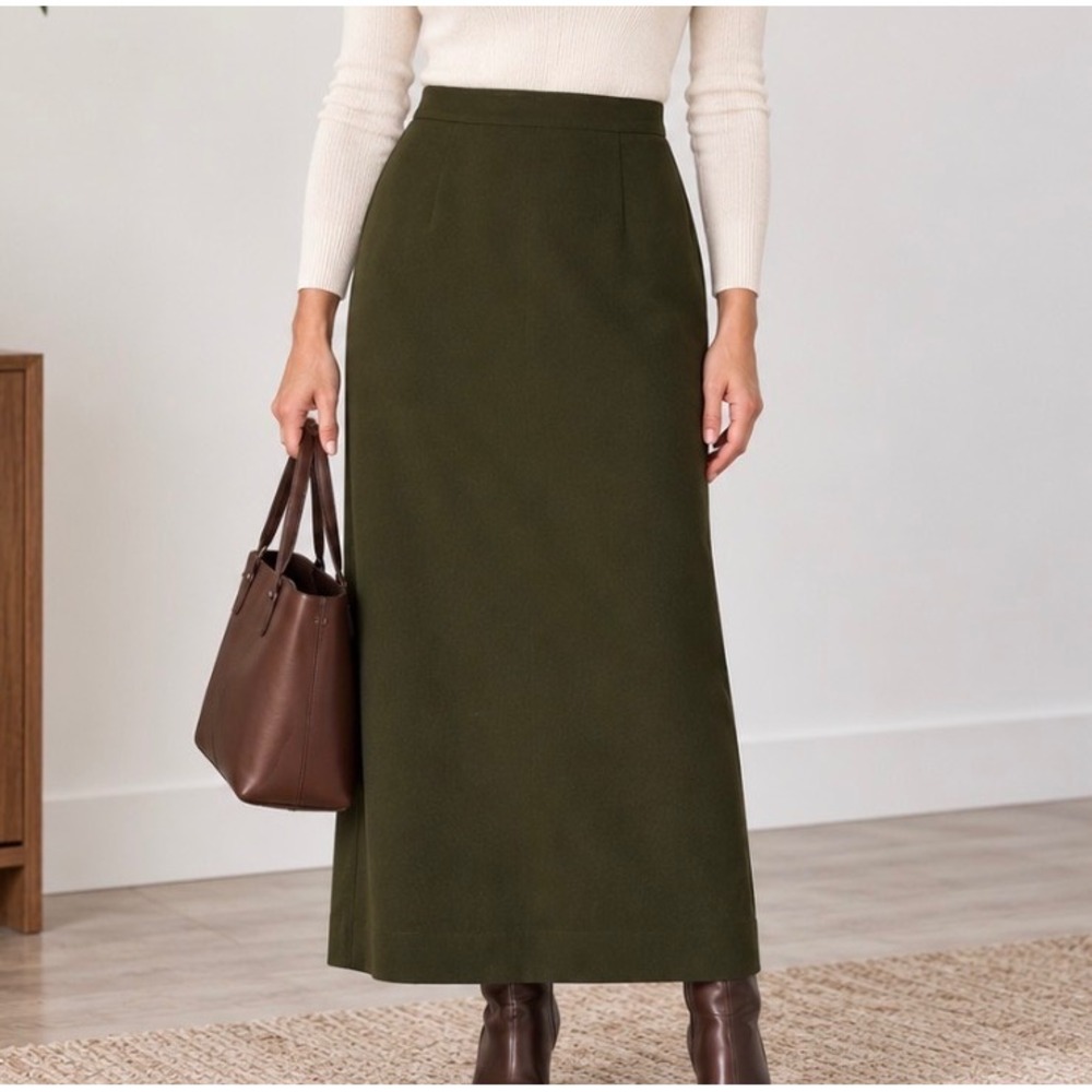 Vtg Joan Leslie Midi Column Skirt Size 6P Petite Career Chic Capsule Olive Green
